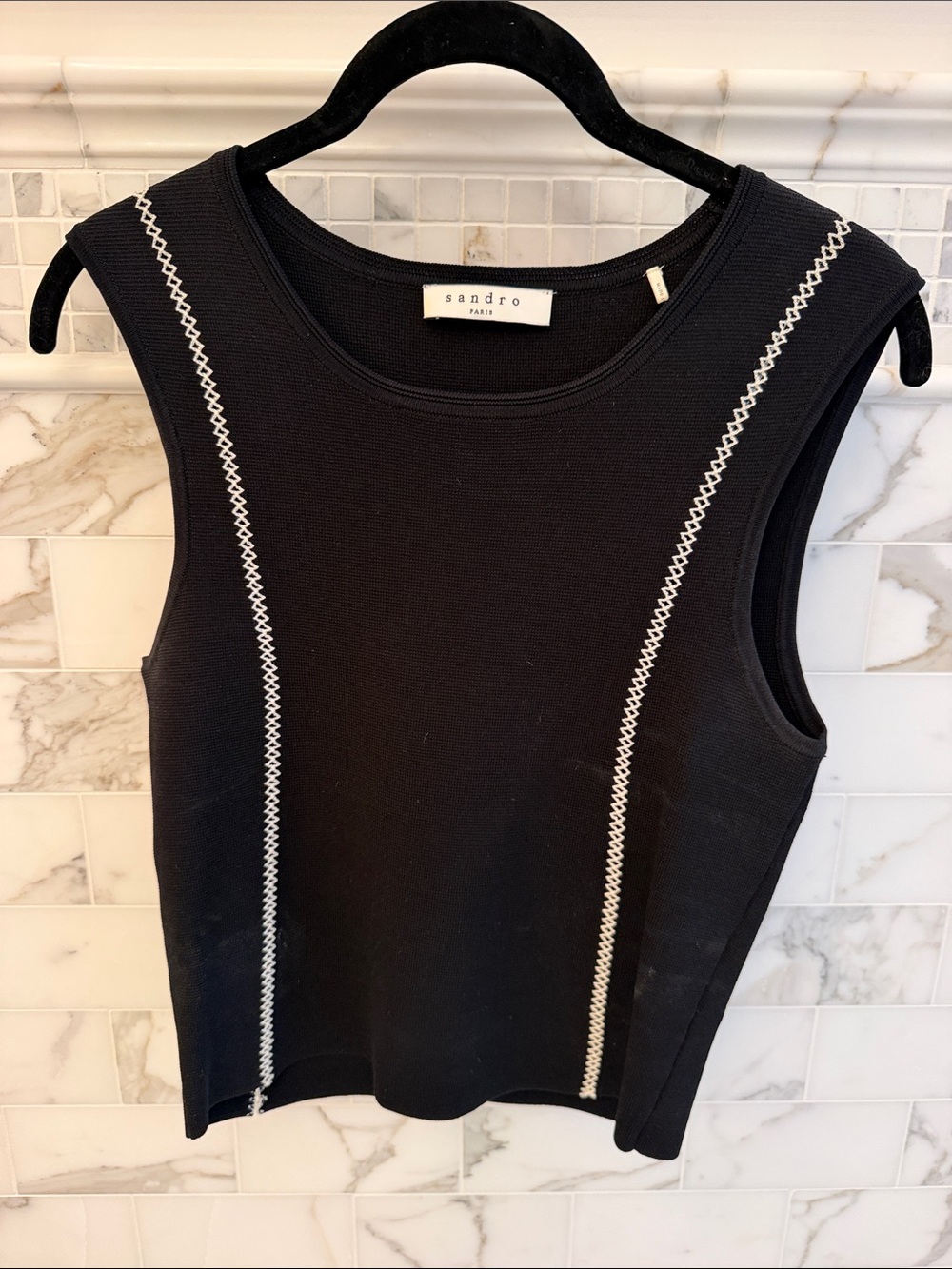Sandro Black Sleeveless Knit Tank with White Contrast Stitching
